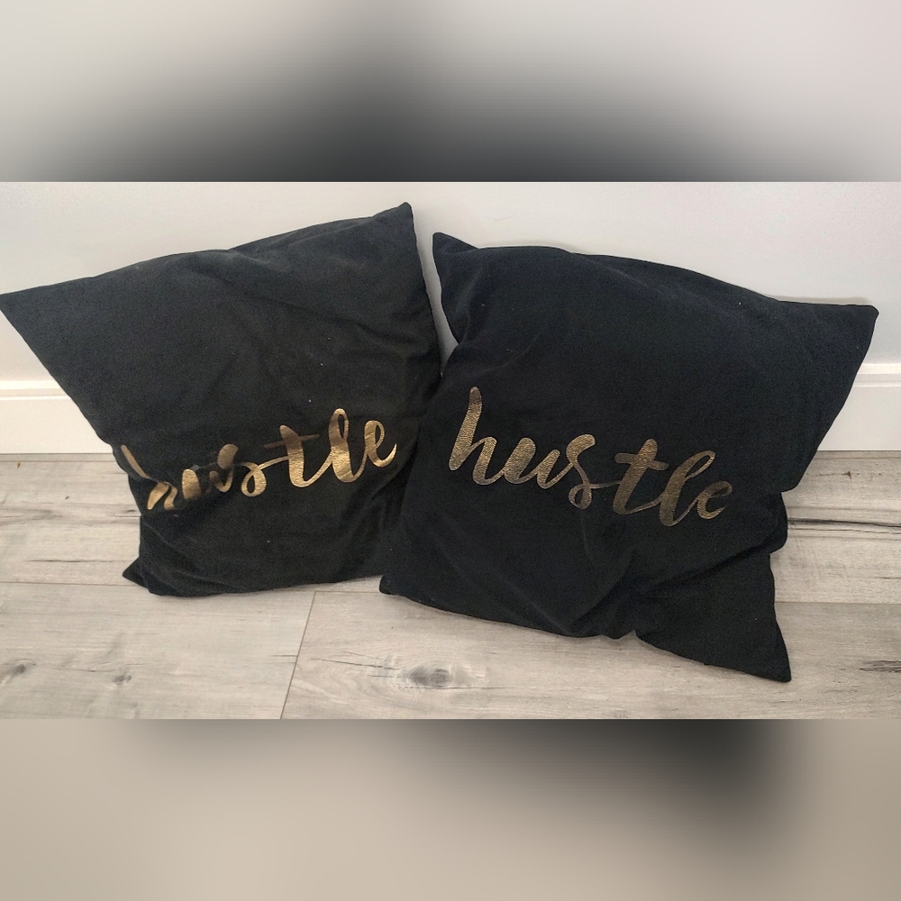 Black & Gold Velour "Hustle" Decor Pillows x2